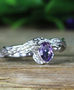 Pear Cut Purple Amethyst Nature Inspaired Ring, 14k White Gold Amethyst ring - Image 2