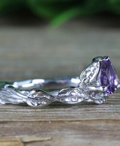 Pear Cut Purple Amethyst Nature Inspaired Ring, 14k White Gold Amethyst ring - Image 3