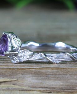 Pear Cut Purple Amethyst Nature Inspaired Ring, 14k White Gold Amethyst ring - Image 6
