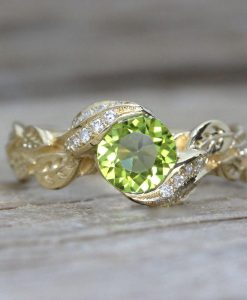 Peridot Ring, Leaf Engagement Ring - Image 2