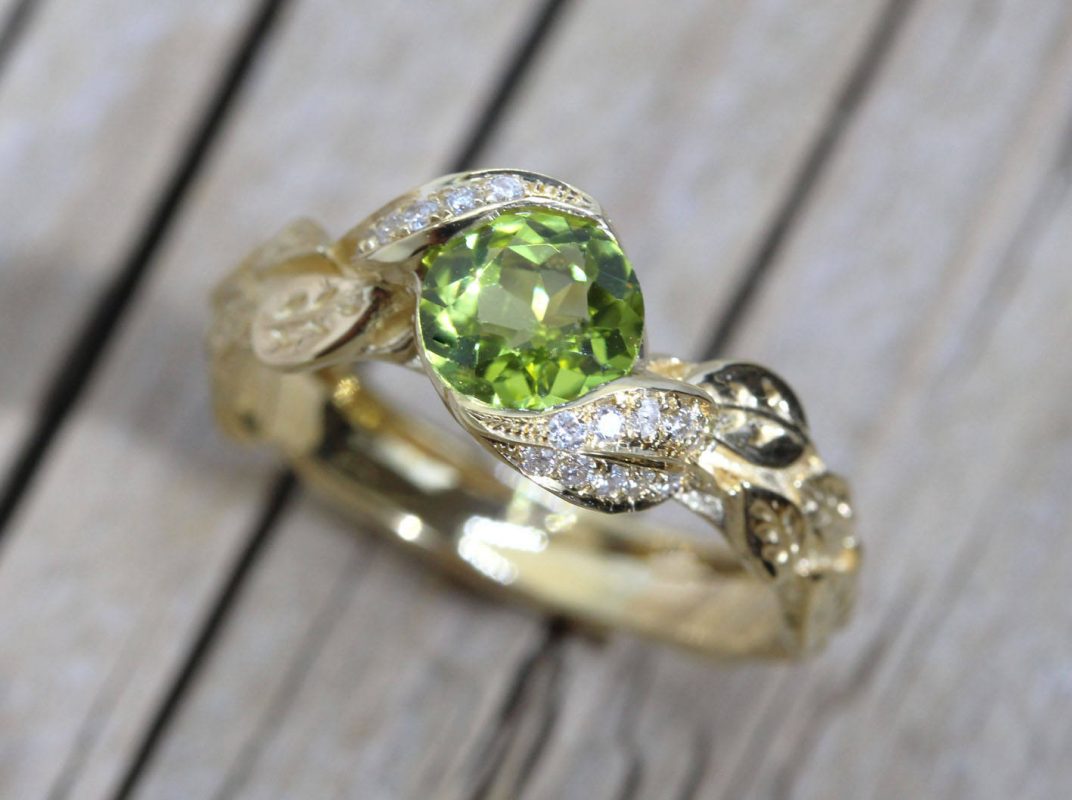 Peridot Ring, Leaf Engagement Ring Benati
