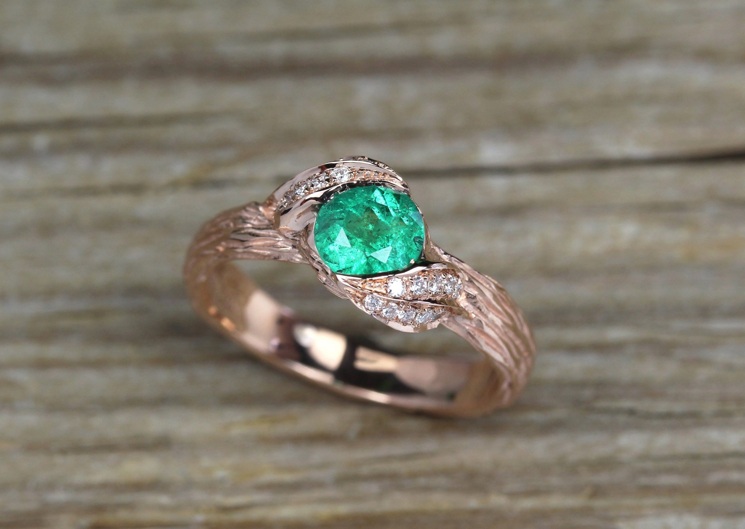 Rose Gold Leaves Emerald Engagement 