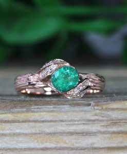 Rose Gold Leaves Emerald Engagement Ring, Natural Emerald Nature Inspired Ring - Image 3