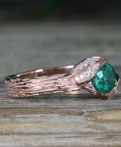 Rose Gold Leaves Emerald Engagement Ring, Natural Emerald Nature Inspired Ring - Image 4