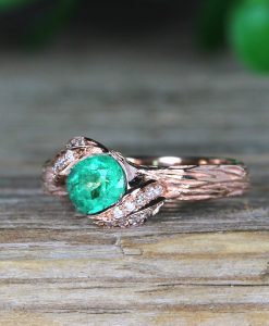 Rose Gold Leaves Emerald Engagement Ring, Natural Emerald Nature Inspired Ring - Image 5
