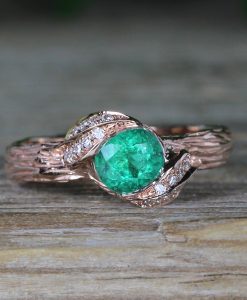 Rose Gold Leaves Emerald Engagement Ring, Natural Emerald Nature Inspired Ring - Image 6