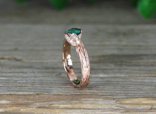 Rose Gold Leaves Emerald Engagement Ring, Natural Emerald Nature Inspired Ring