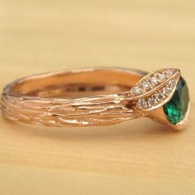 Rose Gold Leaves Engagement Ring, Emerald Engagement Ring