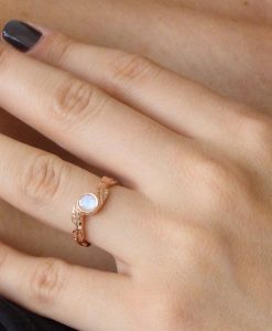Rose gold Leaves Moonstone Ring, Rainbow Moonstone Engagement Ring - Image 8