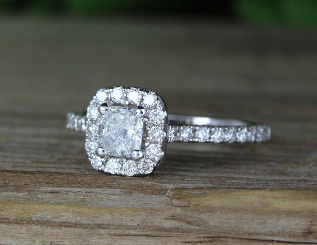 White Gold Cushion Cut Diamond Engagement Ring, Antique Vintage Art