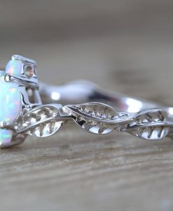White Opal Leaf Engagement Ring, Opal Nature Ring - Image 2