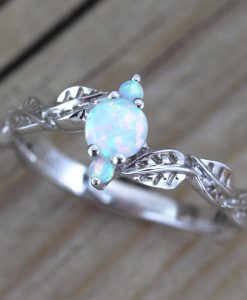 White Opal Leaf Engagement Ring, Opal Nature Ring - Image 4