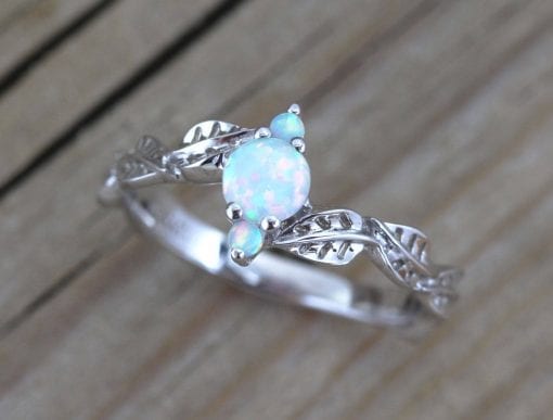 White Opal Leaf Engagement Ring, Opal Leaves Ring