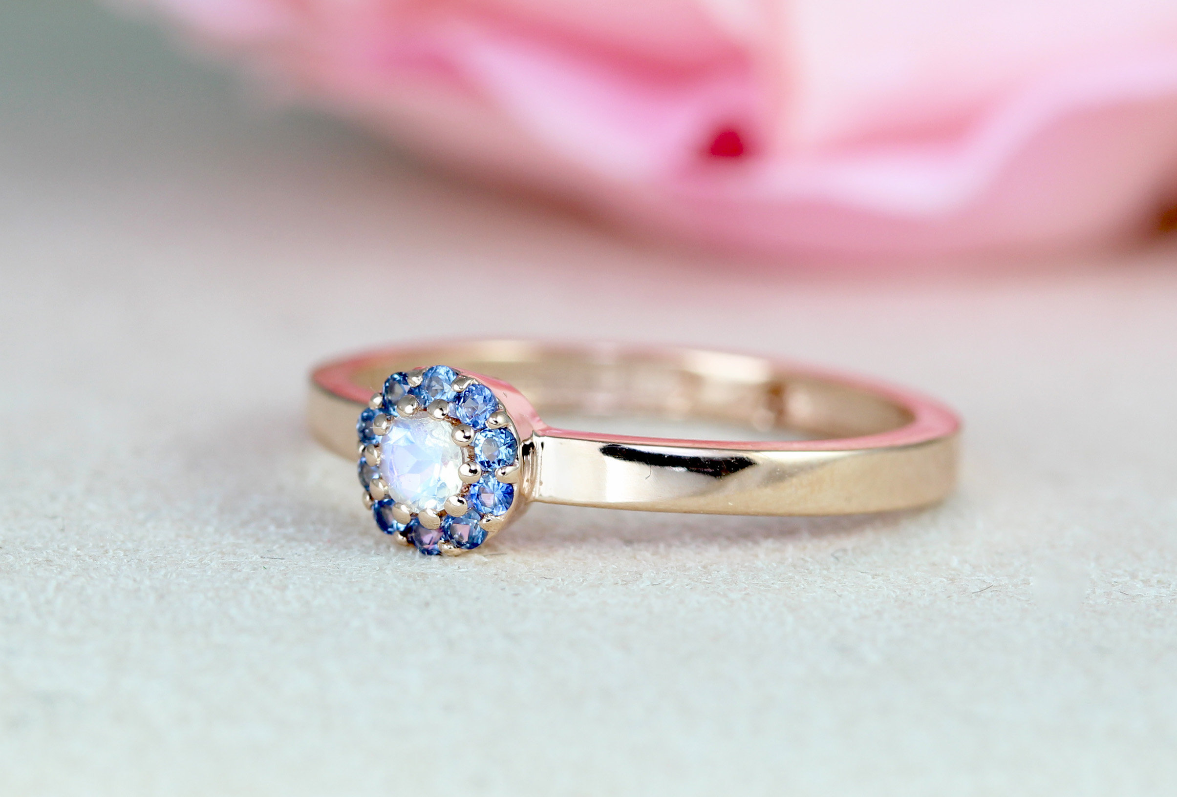 Dalicate Rose Gold Moonstone and Sapphire Ring, Moonstone Engagement ...