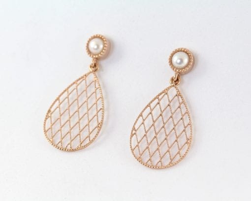 Vintage Earrings, Rose Gold Pearl Dangle Earrings