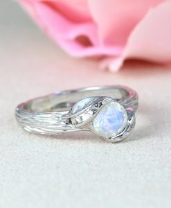 Bark White Gold Moonstone Ring, Rainbow Moonstone Leaf  Nature Ring - Image 3