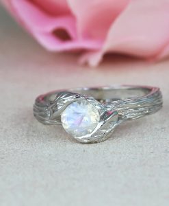 Bark White Gold Moonstone Ring, Rainbow Moonstone Leaf  Nature Ring - Image 4