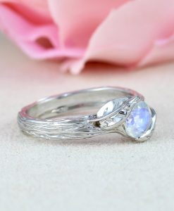 Bark White Gold Moonstone Ring, Rainbow Moonstone Leaf  Nature Ring - Image 5