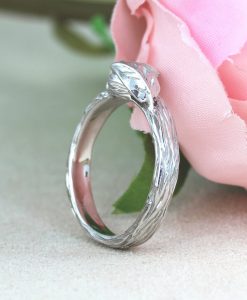 Bark White Gold Moonstone Ring, Rainbow Moonstone Leaf  Nature Ring - Image 7