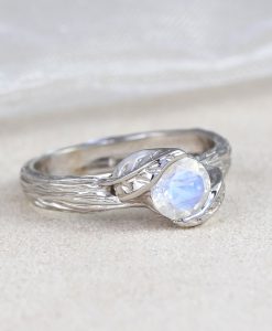 Bark White Gold Moonstone Ring, Rainbow Moonstone Leaf  Nature Ring - Image 8