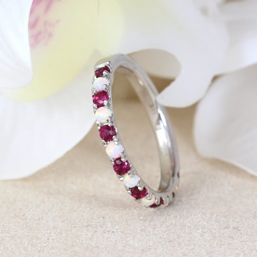 Opal Ruby Eternity Band, White Gold Ruby Opal Wedding Ring Opal Ruby Eternity Band, White Gold Ruby Opal Wedding Ring