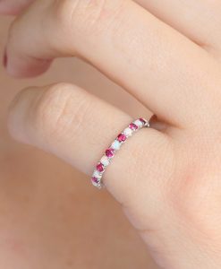 Opal Ruby Eternity Band, White Gold Ruby Opal Wedding Ring - Image 3