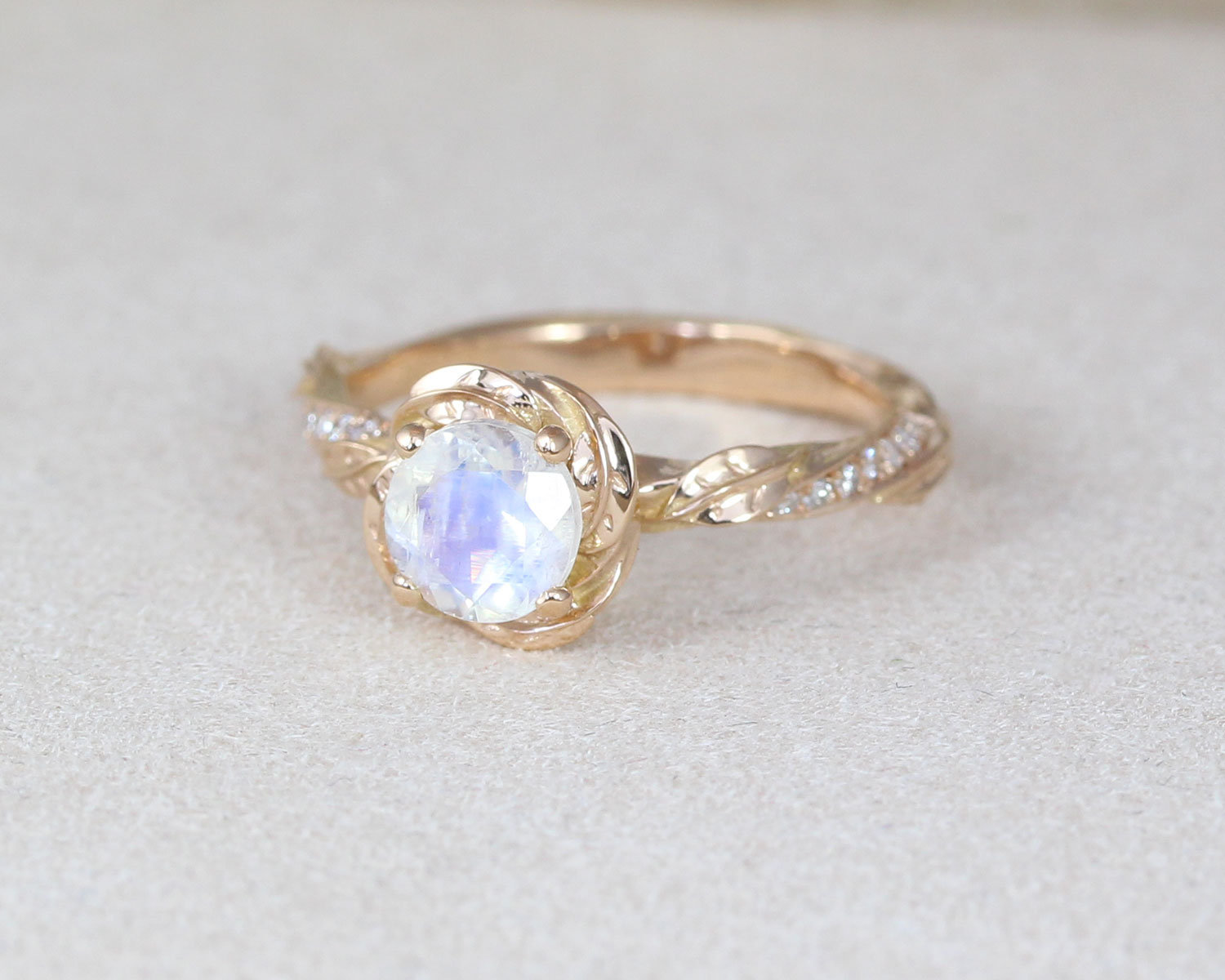 Rose Gold Rainbow Moonstone Ring, Leaves Nature Engagement Ring | Benati