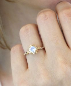 Rose Gold Rainbow Moonstone Ring, Leaves Nature Engagement Ring - Image 2