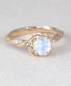 Rose Gold Rainbow Moonstone Ring, Leaves Nature Engagement Ring - Image 3