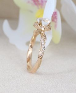 Rose Gold Rainbow Moonstone Ring, Leaves Nature Engagement Ring - Image 4