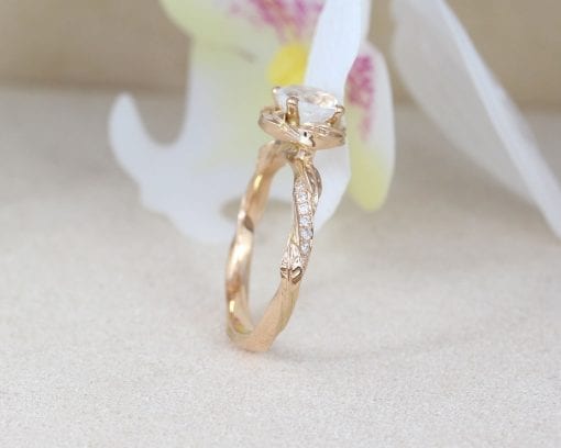 Rose Gold Rainbow Moonstone Ring, Leaves Nature Engagement Ring