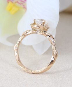 Rose Gold Rainbow Moonstone Ring, Leaves Nature Engagement Ring - Image 5