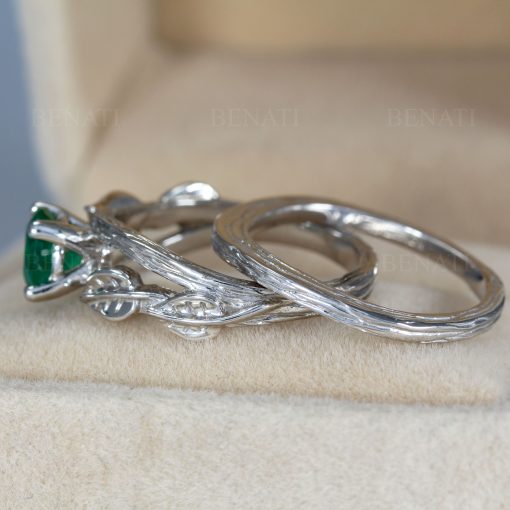 Unique leaves Wedding Ring Set, Bridal Bark Twig Ring Set