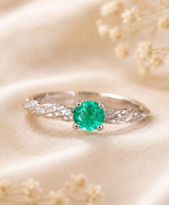 Natural Emerald Engagement Ring, Rose Gold Leaves Ring - Image 4