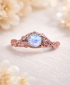 Unique Rainbow Moonstone Leaf Ring, Moonstone 14k 18k Gold Engagement Ring - Image 13