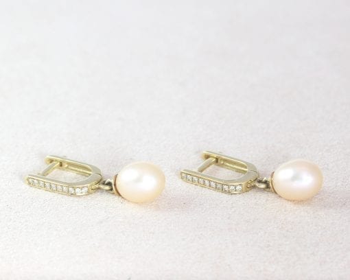 Bridal Pearl Earrings With diamonds, Gold Wedding Pearl Earrings