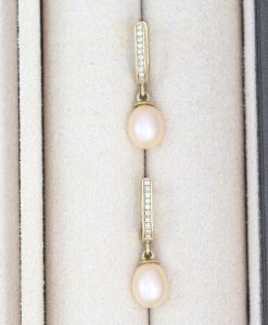 Bridal Pearl Earrings With diamonds, Gold Wedding Pearl Earrings - Image 4