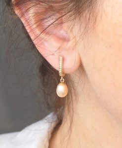 Bridal Pearl Earrings With diamonds, Gold Wedding Pearl Earrings - Image 5