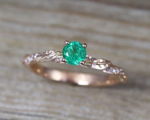 Natural Emerald Engagement Ring, Rose Gold Leaves Ring | Benati
