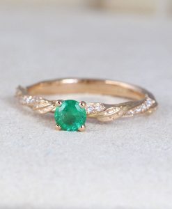 Natural Emerald Engagement Ring, Rose Gold Leaves Ring - Image 5