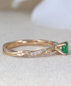 Natural Emerald Engagement Ring, Rose Gold Leaves Ring - Image 6
