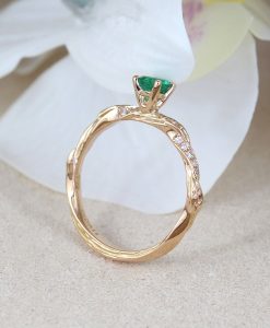Natural Emerald Engagement Ring, Rose Gold Leaves Ring - Image 9