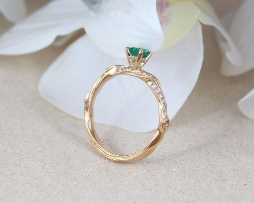 Natural Emerald Engagement Ring, Rose Gold Leaves Ring