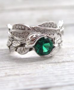 Emerald Leaves Wedding Set, Nature Inspired Diamond Wedding Set - Image 3