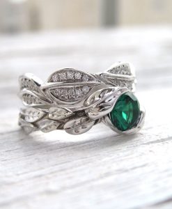 Emerald Leaves Wedding Set, Nature Inspired Diamond Wedding Set - Image 4