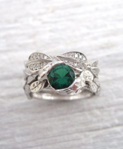 Emerald Leaves Wedding Set, Nature Inspired Diamond Wedding Set - Image 5