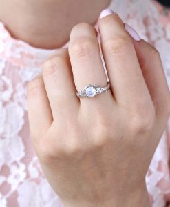 Unique Rainbow Moonstone Leaf Ring, Moonstone 14k 18k Gold Engagement Ring - Image 4