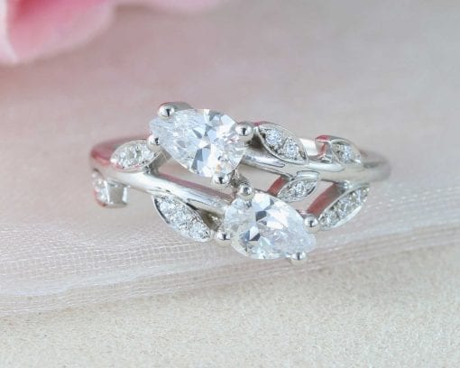 Nature Inspired Diamond Engagement Ring, Pear Cut Vintage Delicate Pear Shaped Cut Moissanite Ring