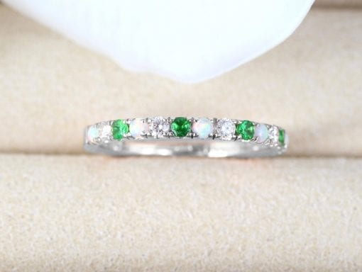 Opal Diamond Emerald Thin Pave Eternity Ring, Multicolor White Gold ...