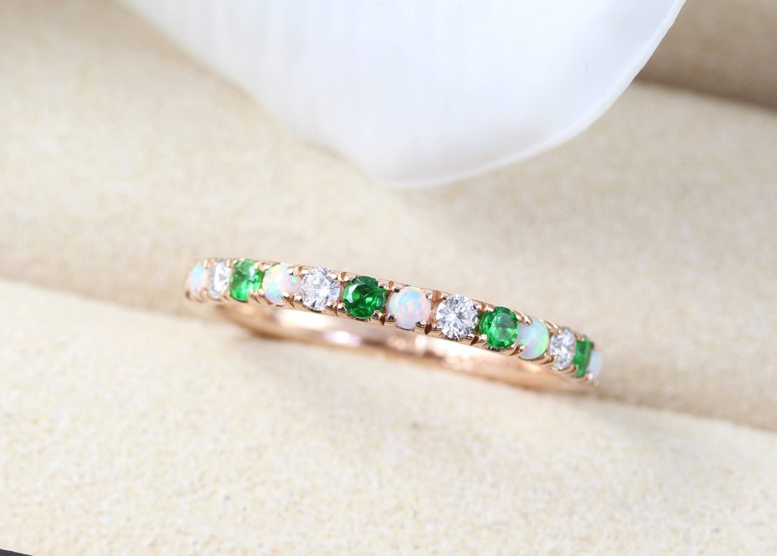 Opal Diamond Emerald Thin Pave Eternity Ring, Multicolor White Gold